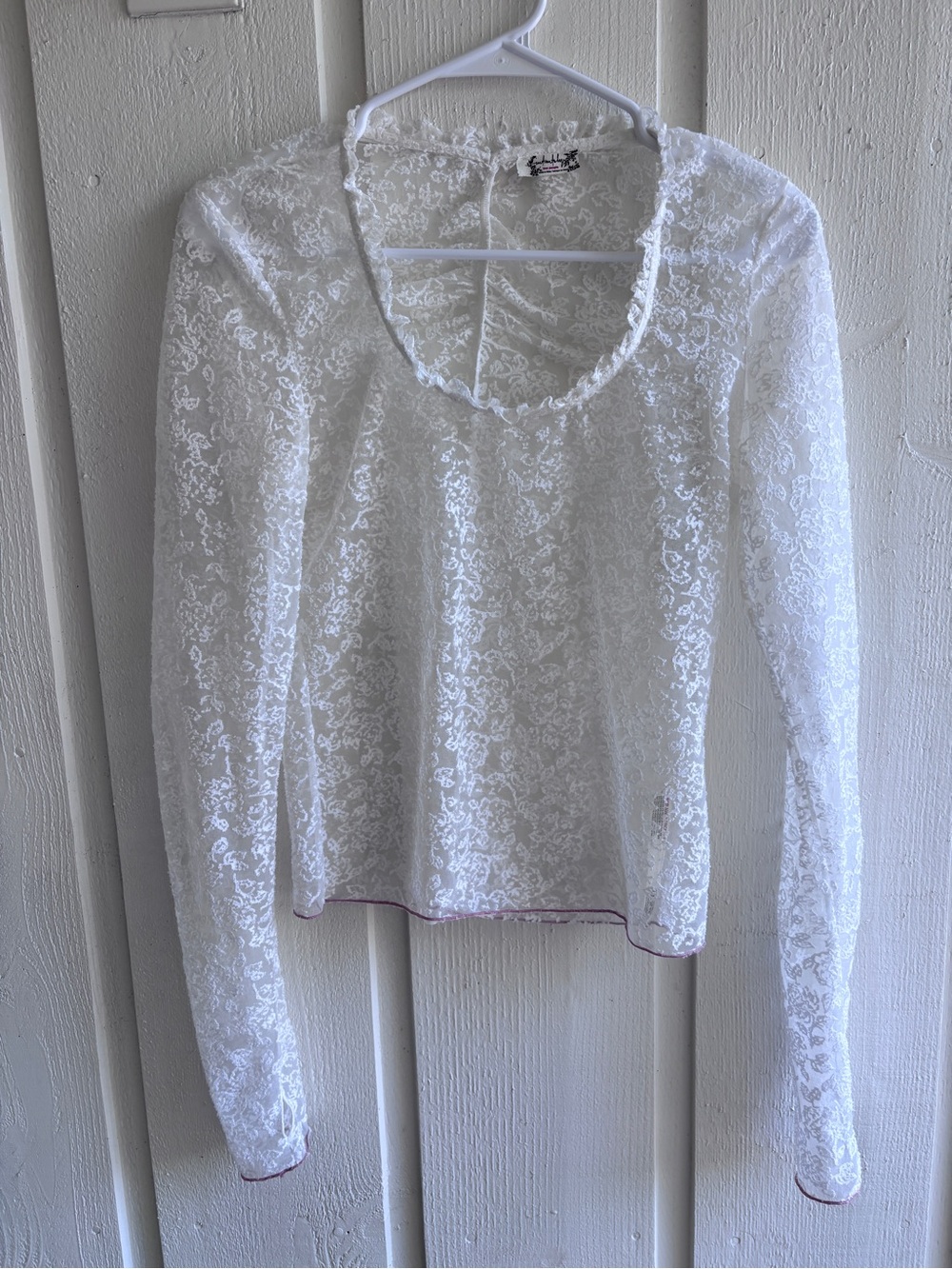 Free People White Lace Long-Sleeve Scoop Neck Top
